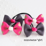 Ribbon & Ribbon  水玉アザレアピンク×チャコール［同色リボンヘアゴム2本セット］