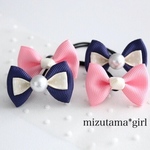 Ribbon & Ribbon  ネイビー×ピンク［同色リボンヘアゴム2本セット］