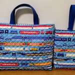 入園入学２点セット☆キルティング　レッスンバッグ＆シューズ入れ　電車車両ボーダー　ブルー