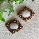 ヴィンテージ  アクリルダイヤモンドデザインボタン ブロンズ×パールホワイト 2個セット