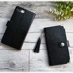 【Google Pixel 3/Pixel 3 XL】コンチョ付き/シンプル手帳型スマホケース/黒レザーケース/タッセルストラップ