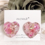 桜色ピンク❤︎ドライフラワーハート大ぶりレジンピアス、イヤリング