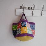 　♫北欧風四角パッチ丸底バケツBAG　♫　キルト黄×紫　アヒル