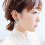 【 chimie vintage collection- 321 】【ラスト1点】ドイツヴィンテージガラスグリーンとパールリングの2wayイヤリング・ピアス