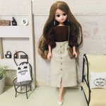 リカちゃん服♡ブラウン袖ギャザートップス＆リブベージュスカート♡リアルクローズ  