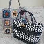 ＊＊mfm1125様専用＊＊＜エコクラフト・コットン＞石畳編みのかごバッグ（あずま袋付き）＆モチーフつなぐのコットンバッグ（メインカラー・グレー×カラフル）
