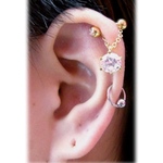 立爪チェーンバーベル　軟骨ピアス　ボディピアス　クリアCＺ×ゴールド　14G/16G オールステンレス