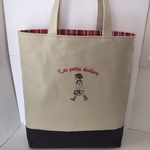 選べる持ち手長さＡ４のフランスの通学の女の子刺繍の帆布のトートバッグ 　レッド