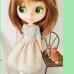 生成りデニムのギャザースカートとグリーントップス　ブライス　リカちゃん