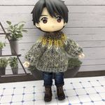 丸ヨークの手編みセーター　オビツ１１　濃いベージュｘからし
