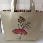大きい刺繍の選べる持ち手長さのとっても可愛いバレリーナの女の子刺繍の帆布のトートバッグ　レッド