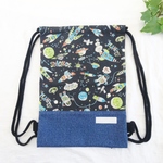 za＊i＊ao様オーダー品　宇宙柄×デニムの体操着袋　ナップザック仕様【ブラック×ブルー】