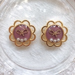 ♡新色パープルのリボンとパールのお花イヤリング♡