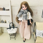 リカちゃん服♡白リブトップス＆ベージュピンクワイドパンツ&グレーチェック柄マフラーset