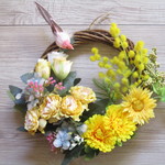◇2338 🌻ピンクの小鳥と黄色いお花のリース🐤🌻 ※中サイズ・約２１㎝・１点物