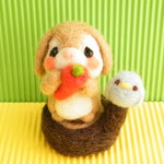 うさぎさんと小鳥と切り株（茶）　羊毛フェルト