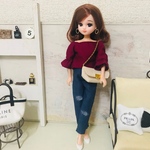 リカちゃん服♡マゼンタピンクトップス＆ダメージデニムテーパードパンツ&ベージュチェーンバッグ♡リアクロ