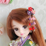 ＊新作＊【オビツ11・リカちゃんサイズ】つまみ細工かんざし  ゴールド×ブラック
