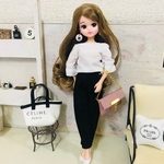 リカちゃん服♡白袖ギャザートップス＆黒ダメージテーパードパンツ＆ピンクチェーンバッグ♡リアルクローズ  