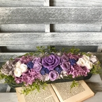 横長タイプの花器のパープルホワイトアレンジメント　敬老の日　 母の日プレゼント　結婚祝い　開店祝い　開院祝い　還暦祝い　敬老の日