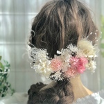 ピンクデイジーと紫陽花 、かすみ草のヘッドパーツ 髪飾り