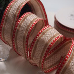 レッド&ベージュ　40㎜幅　ワイヤー入りフランスリボン　オリオールフォンタネル