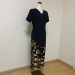  【d様リクエスト品】華文 蝶々 刺繍 金彩 黒留のロング丈シンプルフォーマルワンピース★着物リメイク