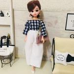 リカちゃん服♡紺チェック柄トップス＆白ワイドパンツ＆ピンクチェーンバッグ♡リアルクローズ  