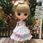 ワンピース エプロン付き  花柄 ピンク系 ( ブライス、リカちゃん)
