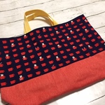 大きめ　レッスンバッグ　　カップねこ×デニム赤　30×45×10