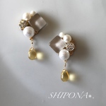 新色♡ ミモザとミルクティー ガラスタイルイヤリングorピアス 