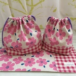花柄×チェック☆3点セット☆お弁当巾着＊小巾着＊ランチマット☆ピンク