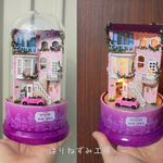 【受注制作】あかりの灯る桜レンガの家★オルゴール組込・ドームケースと電池付き・光るミニチュア★ドールハウス完成品・ジオラマ・インテリアボックス