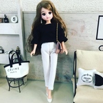 リカちゃん服♡黒袖ギャザートップス＆白テーパードパンツ＆ピンクチェーンバッグ♡リアルクローズ  