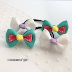 Ribbon & Ribbon girly エメラルド×ホワイト［同色リボンヘアゴム2本セット］