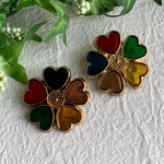 【SALE】ヴィンテージ   ハートフラワーデザインアクリルボタン アンティークゴールドカラー×マルチカラー 2個セット