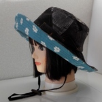 つば広★黒系デニムポケット柄✖️ブルー花柄★形状保持ワイヤー入りレディース帽子