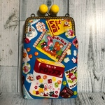  縦長がま口ポーチ・はいから横丁 駄菓子柄 青