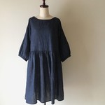 たんぽぽとシャボン玉＊ゆったり七分袖のギャザーワンピース＊ダブルガーゼ＊ダークネイビー