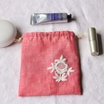 Pink linen+花レース巾着ポーチ＊リネン