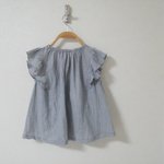 size120 リネン＆コットン＊フリルブラウス（ダンガリーストライプ）