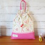 《再販２》体操着入れ　持ち手付　大きめ　巾着　パリ　エッフェル塔　シャンゼリゼ 　かわいい🍰女の子(ﾋﾟﾝｸﾄﾞｯﾄ)