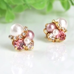 248.ピンククリスタル×コットンパールビジューピアス◇イヤリング変更可