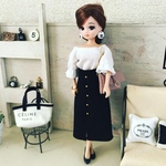 リカちゃん服♡白袖ギャザートップス＆黒ミモレ丈スカート＆ピンクチェーンバッグ♡リアルクローズ  