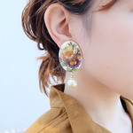 【 chimie vintage-430 】希少：ドイツヴィンテージテキスタイルとコットンパールのイヤリング・樹脂ピアス