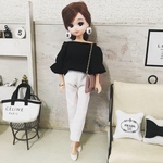 リカちゃん服♡黒袖ギャザートップス＆白テーパードパンツ＆ピンクチェーンバッグ♡リアルクローズ  