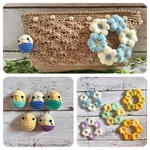 選べる♪セキセイインコのあみぐるみとモリーの花付♡パールビーズ編み込みポーチ 茶系