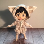 猫耳つなぎ 半袖 薄茶ヒョウ柄 尻尾付き