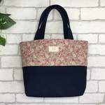 【送料無料】レトロ小花ミニトートバッグ（ネイビー×ピンク)