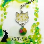 オルゴナイト　猫の顔ストラップ（レースフラワーのイエロー）